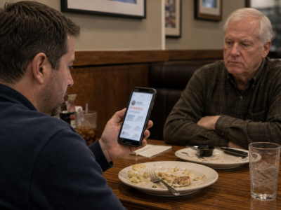 Restaurant diner holding a phone across from an older man at a booth