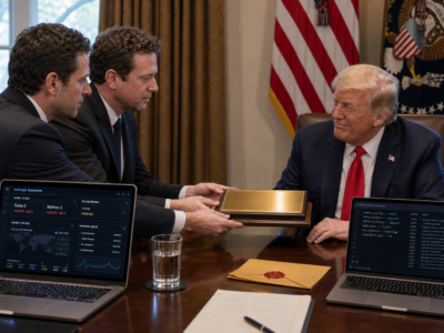 Donald Trump smiling as AI executives present a gold nameplate while laptops show Anthropic model access dashboards