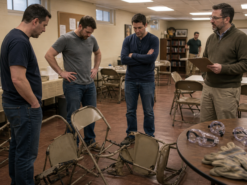 Church basement rage room with broken folding chairs and safety goggles