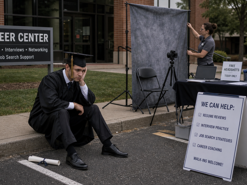Graduate sitting outside a career center beside a parking lot headshot setup