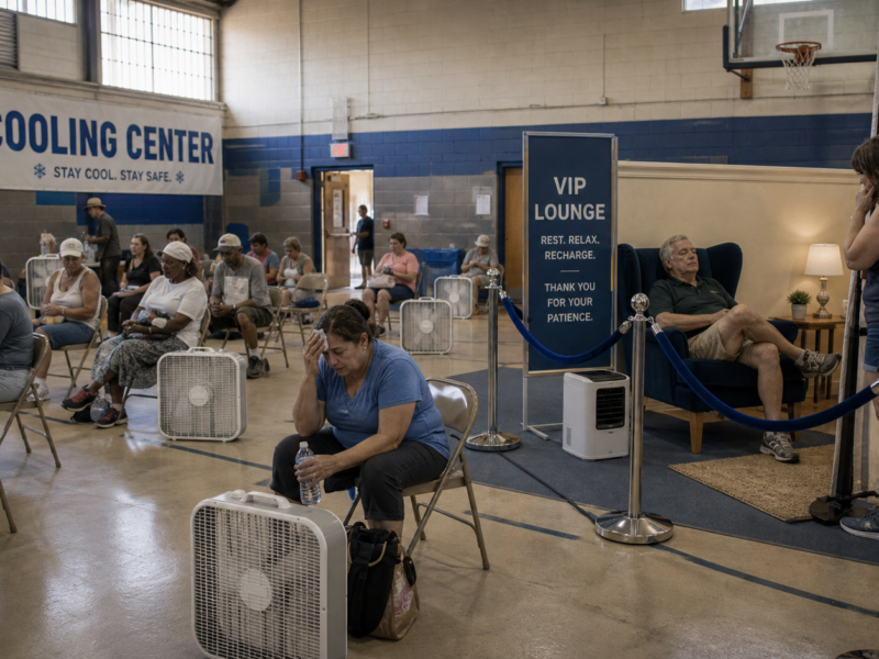 Public cooling center with a roped-off VIP lounge area