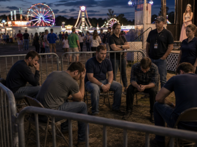 Temporary holding pen near a county fair stage at dusk