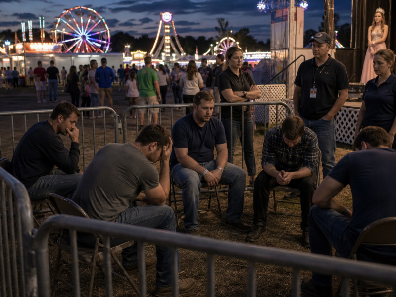 Temporary holding pen near a county fair stage at dusk