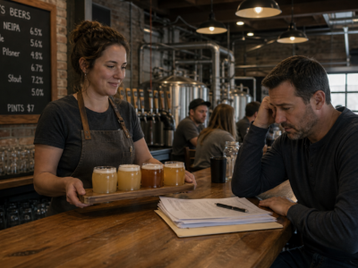 Bartender serving a beer flight to a customer with paperwork in a taproom