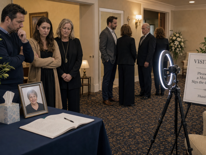 Funeral visitation room with a ring light set up near the guestbook