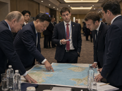 Diplomatic aides gathered around a nautical map in a summit hallway