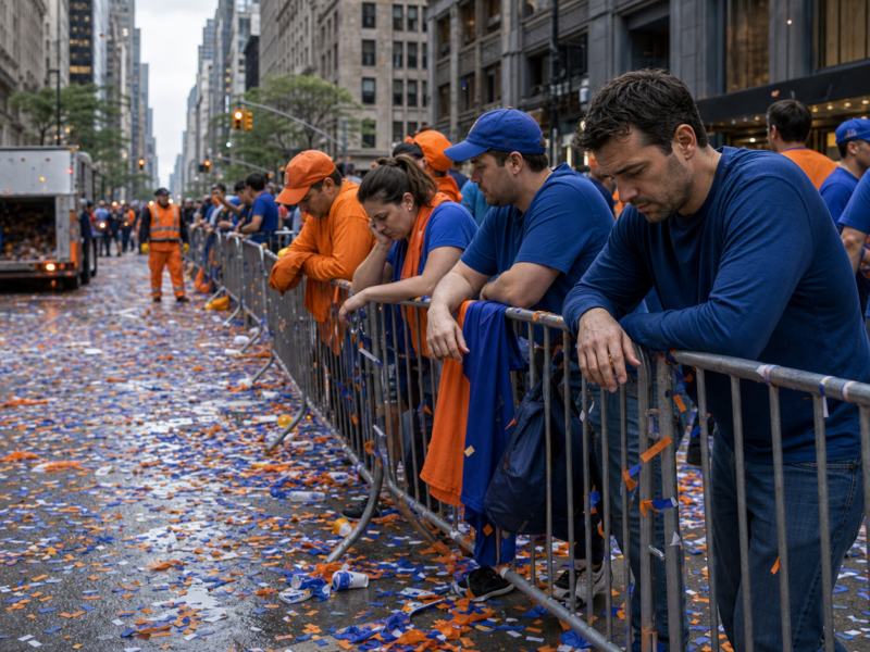 Exhausted basketball fans leaning on barricades after a championship parade