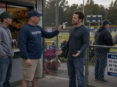 Volunteer holding a breathalyzer near adult dads at a Little League field