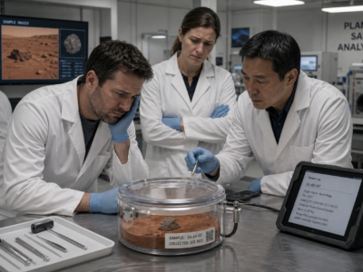 Scientists examining reddish dust and a rock sample in a clean laboratory
