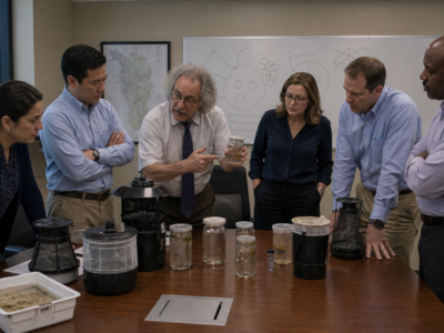 Public health officials gathered around mosquito traps in a conference room