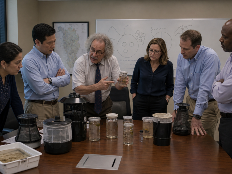 Public health officials gathered around mosquito traps in a conference room