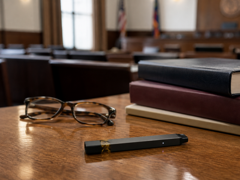 Vape pen resting on a courtroom table beside law books