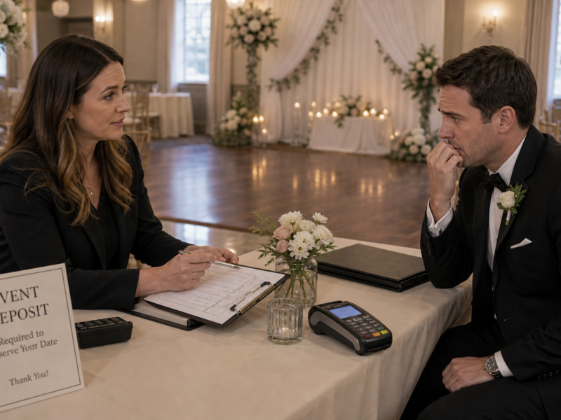 Wedding venue coordinator discussing a deposit with a nervous best man