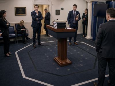 Government briefing room with an octagon outline taped around the lectern