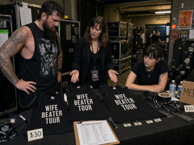 A metal vocalist and publicist stand at a backstage merch table with sleeveless shirts reading Wife Beater Tour